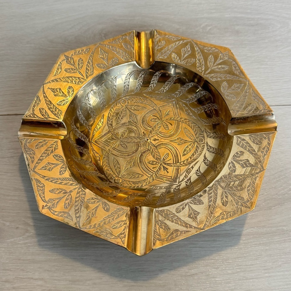 Large Brass Ashtray Etched Pattern Made in India